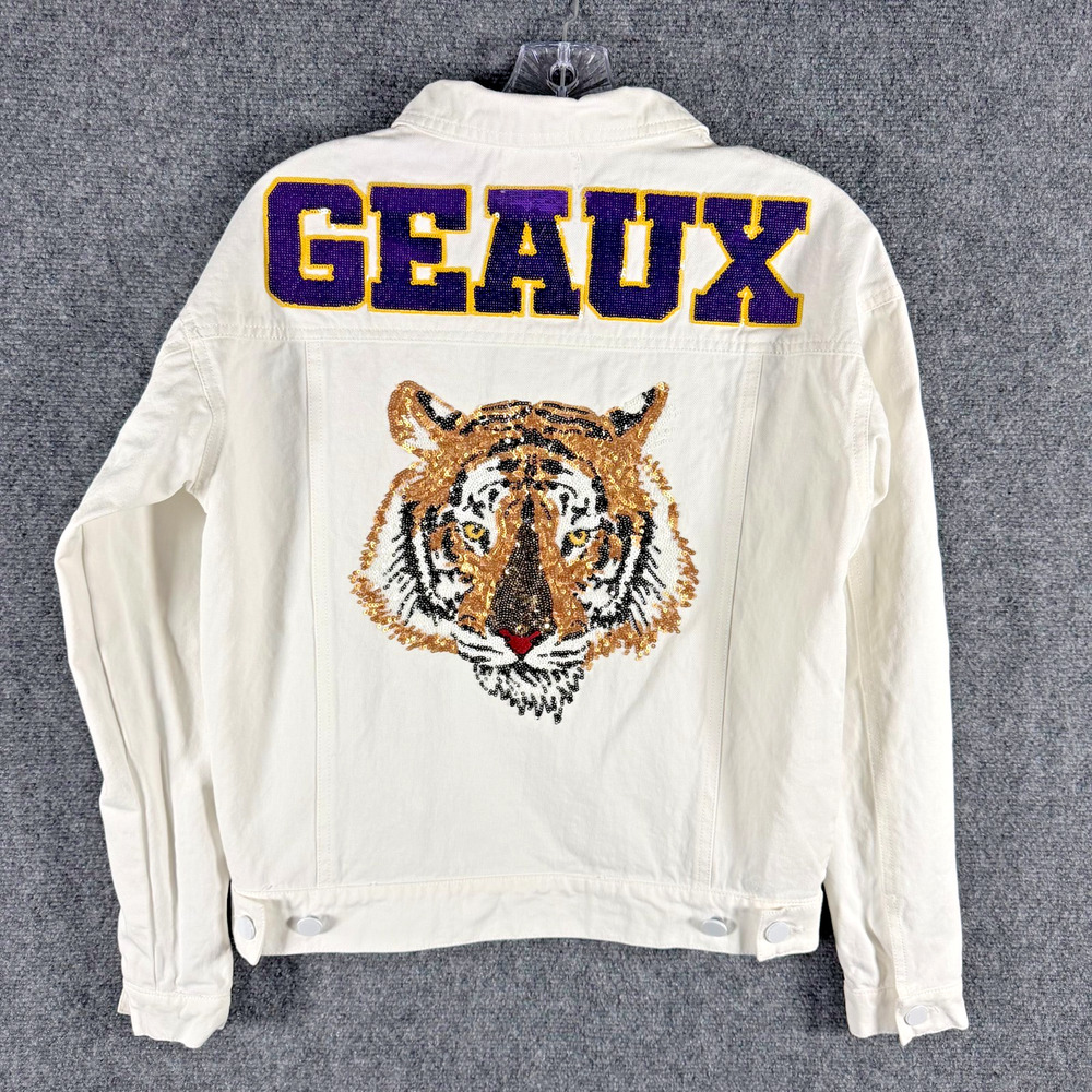 Sparkle City LSU Tigers Sequin Denim Jacket Women's S White GEAUX Tiger Gameday